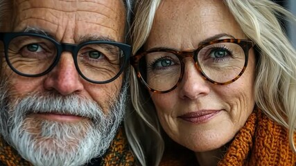 Senior Couple Portrait: A loving, mature couple gazes directly at the camera, their faces reflecting a lifetime of shared experiences and unwavering love. Their warm.