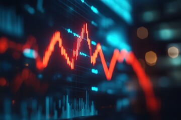 Stock market data visualized on a screen, showing fluctuating trends in red and blue.