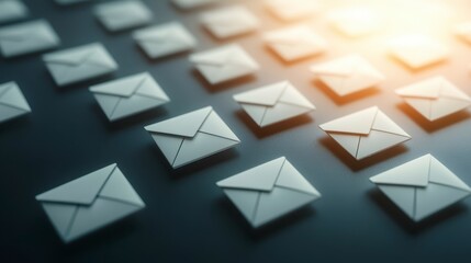 A close-up view of multiple white envelopes arranged neatly, symbolizing communication, mail, and digital correspondence.