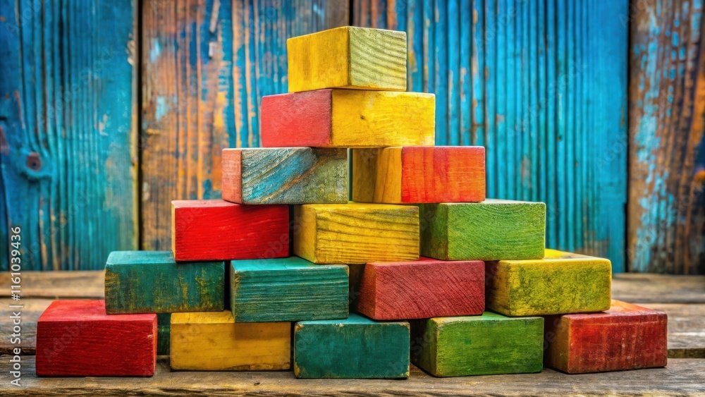 Poster A Stack of Colorful Wooden Blocks Arranged in a Pyramid Shape Against a Weathered Blue and Brown Wood Background