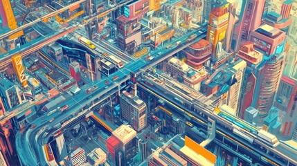 Conceptual image of a smart city grid, illustrating energy flow between renewable sources
