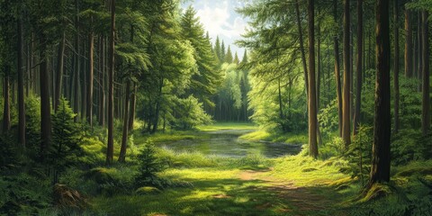 Obraz premium Lush green coniferous forest in summer showcases vibrant greenery, creating a serene escape. This green coniferous forest is perfect for nature lovers and outdoor enthusiasts seeking tranquility.