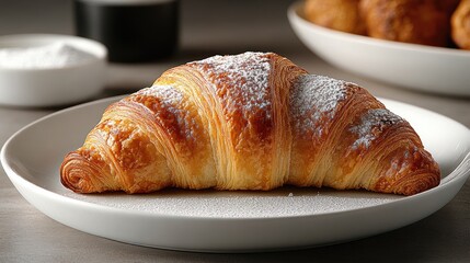 A golden-brown croissant dusted with powdered sugar on a white plate.