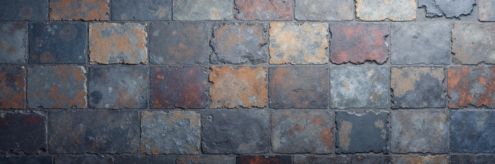 Obraz premium Weathered stone tile wall in rustic multicolor tones 