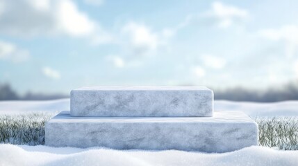 Abstract 3Drendered winter scene with an ice podium on snowy ground Features an ice arch doorway with a backdrop of sky and clouds for product displays or advertising