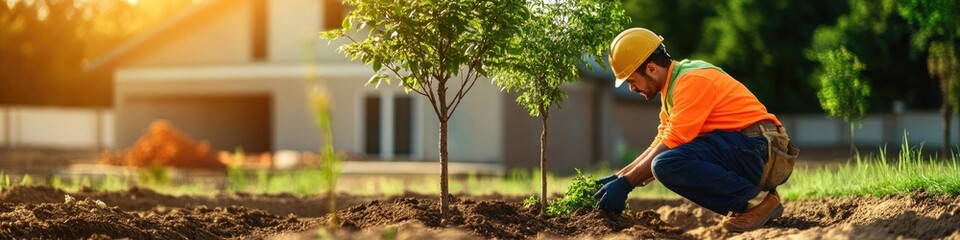 Gardener planting young tree in sunlight, showcasing dedication