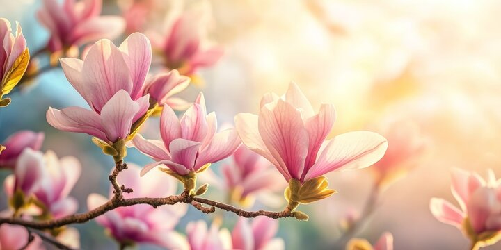 Close up view of spring blossoms showcasing the beauty of a Magnolia tree. The vibrant flowers of the Magnolia tree highlight the charm of spring blossoms in full bloom.