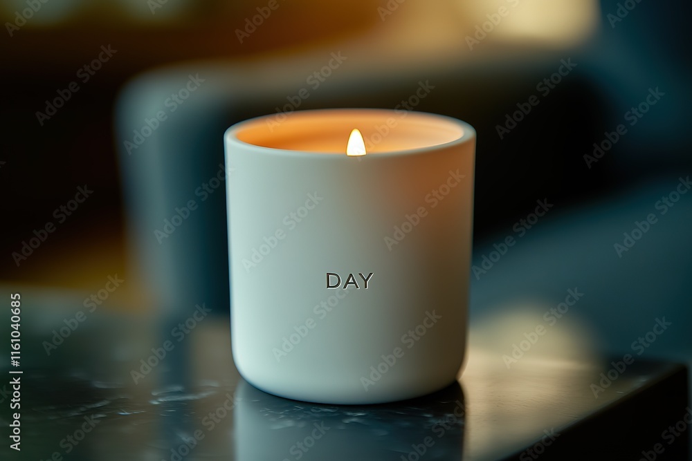 Poster lit candle in a modern container, creating a warm and inviting ambiance.