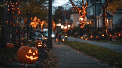 Halloween decorations displayed throughout the neighborhood create a festive atmosphere, showcasing various Halloween decorations that enhance the spooky spirit of the season.