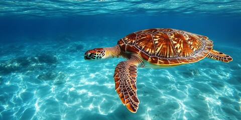 Fototapeta premium Majestic sea turtle gracefully swimming in tranquil blue waters, showcasing the beauty of wildlife conservation and the importance of protecting these magnificent sea turtles.