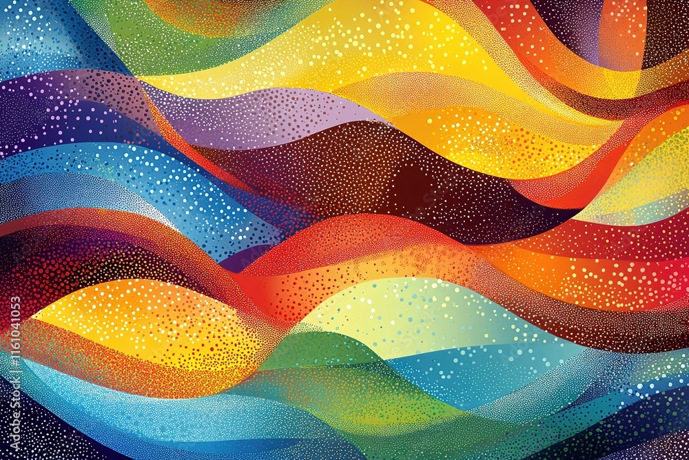Poster abstract colorful waves with speckled texture. vibrant rainbow hues create a dynamic, flowing design