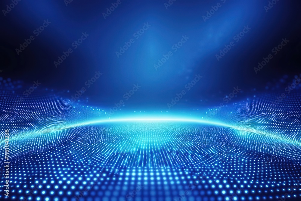 Poster abstract blue digital landscape. glowing particles form a wavy surface, creating a futuristic and te