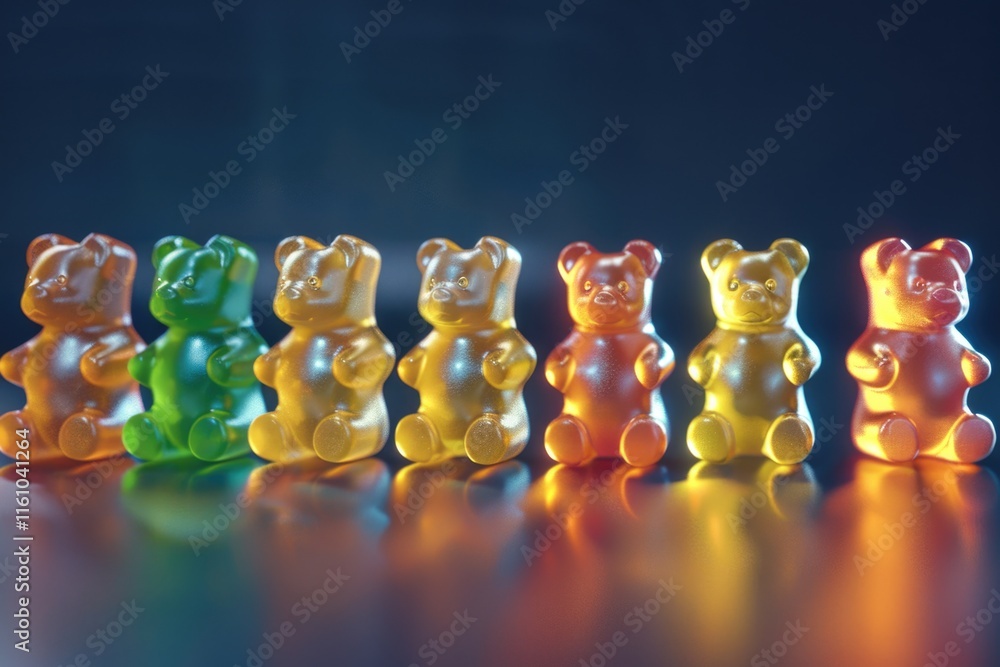 Poster row of gummy bears in various colors are sitting on a table. the bears are arranged in a line, with 
