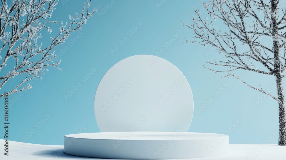 Poster abstract winter landscape with a podium for product display 3d rendering
