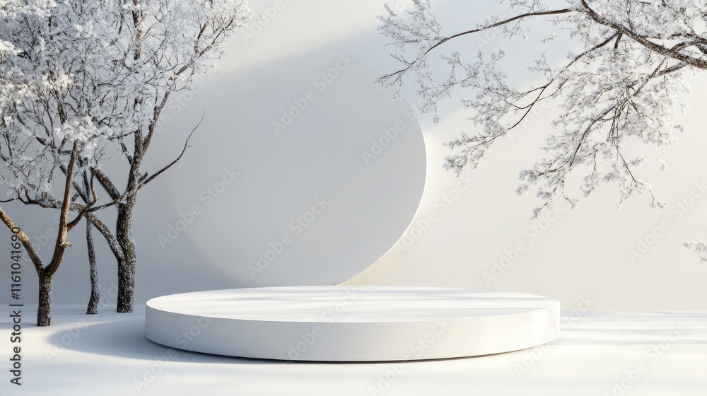 Poster abstract winter landscape with a podium for product display 3d rendering