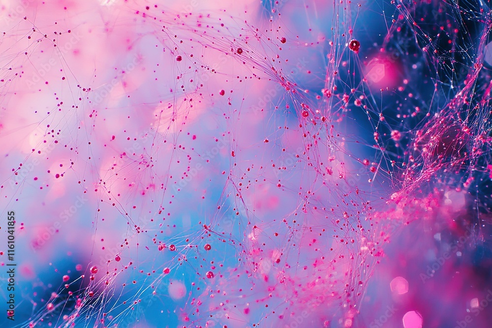 Poster abstract pink and blue network of threads with droplets.