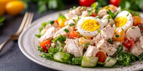 Chicken salad featuring tender pieces of chicken meat, fresh vegetables, and a hard boiled egg, served elegantly on a white plate, captures a delicious and healthy meal idea.