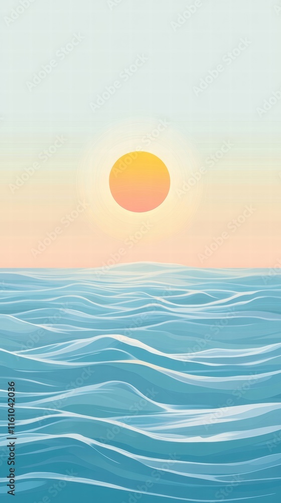 Poster stylized sun rises above gentle waves at horizon, creating calm atmosphere for creative text and des