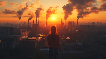 Sunset Over Industrial Cityscape: A Woman Contemplates Pollution's Impact