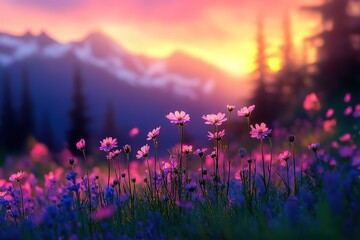 Naklejka premium Sunset wildflowers in mountain meadow. Vibrant colors, peaceful scene.