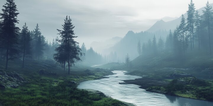 Gloomy canyon featuring a winding mountain river. This striking image captures the essence of a gloomy canyon, with the serene flow of the mountain river enhancing its beauty.