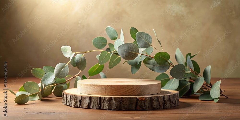 Poster rustic wooden display platform with greenery for product presentation