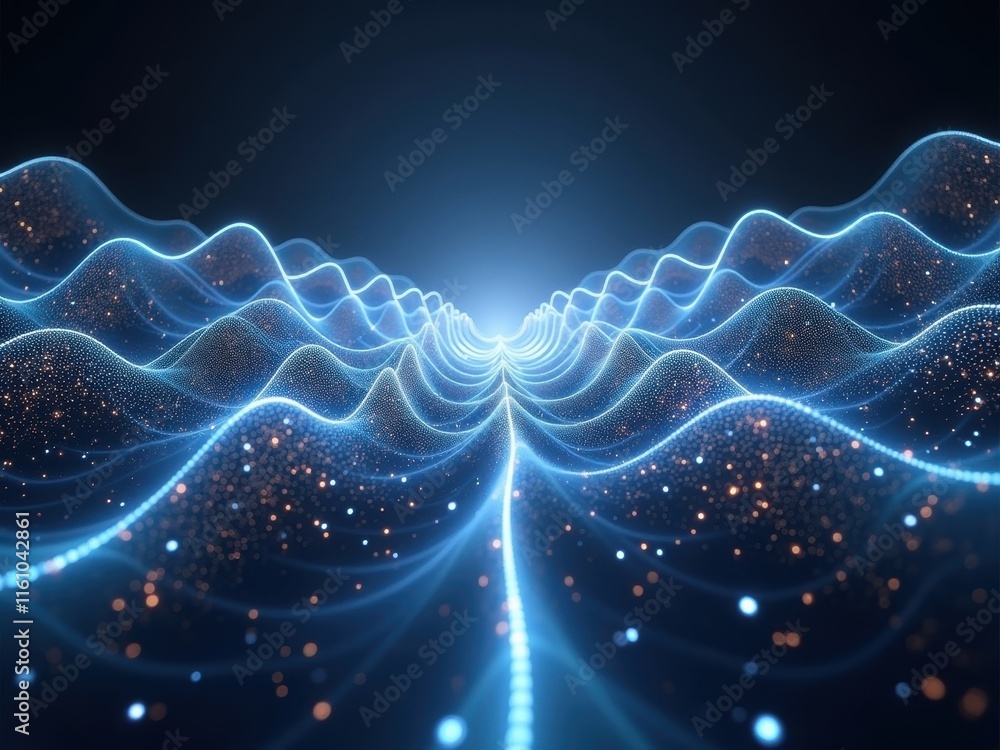 Poster futuristic visualization of the wave function illustrating complex quantum behaviors with glowing bl