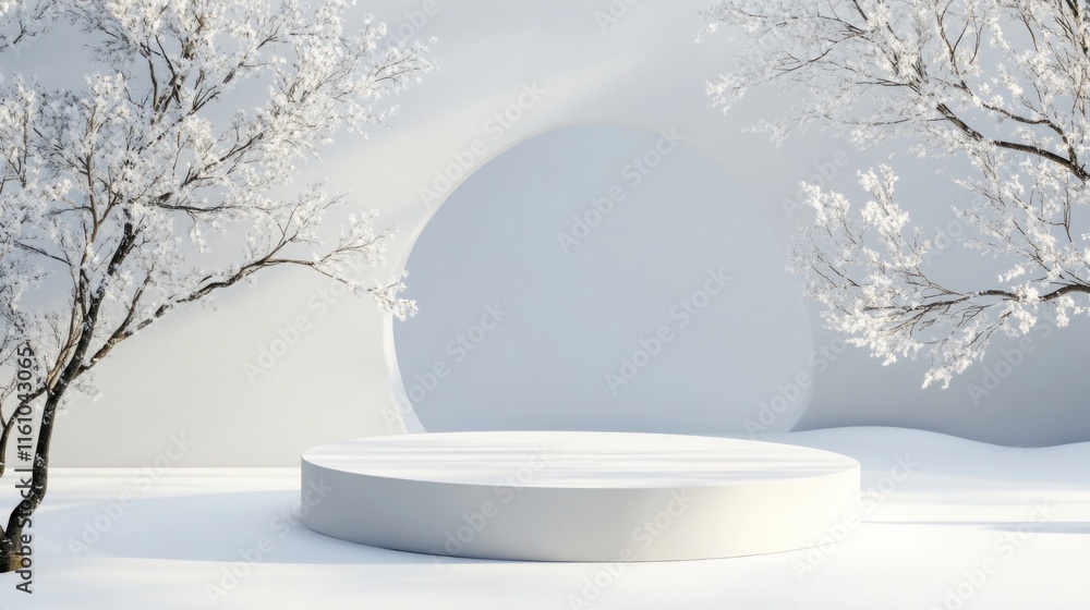 Aufkleber abstract winter landscape with a podium for product display 3d rendering
