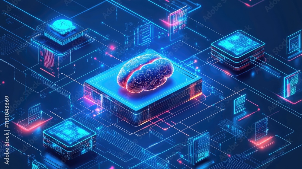 Poster brain and tech integration: glowing connections representing innovation