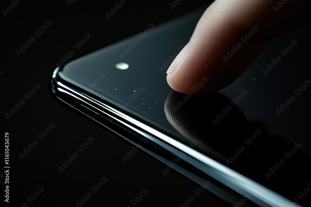 Poster finger touching a smartphone screen, close-up view showing sleek design and in-display fingerprint s
