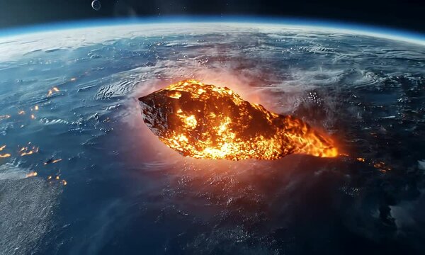 A fiery asteroid hurtles towards Earth, showcasing a dramatic cosmic event in space.