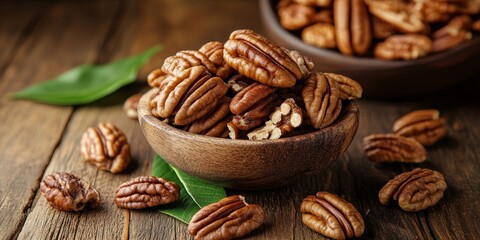 Pecan nuts displayed on a rustic wooden table alongside pecan nuts arranged in a bowl, showcasing the natural beauty and variety of pecan nuts in an inviting setting.