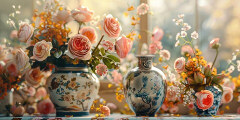 A charming floral arrangement in a table setting featuring ceramic vases filled with seasonal blooms. Ideal for home decor, interior design, and spring-inspired celebrations.