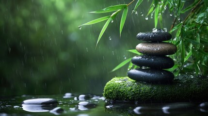 Stacked stones, rain, zen garden, nature.