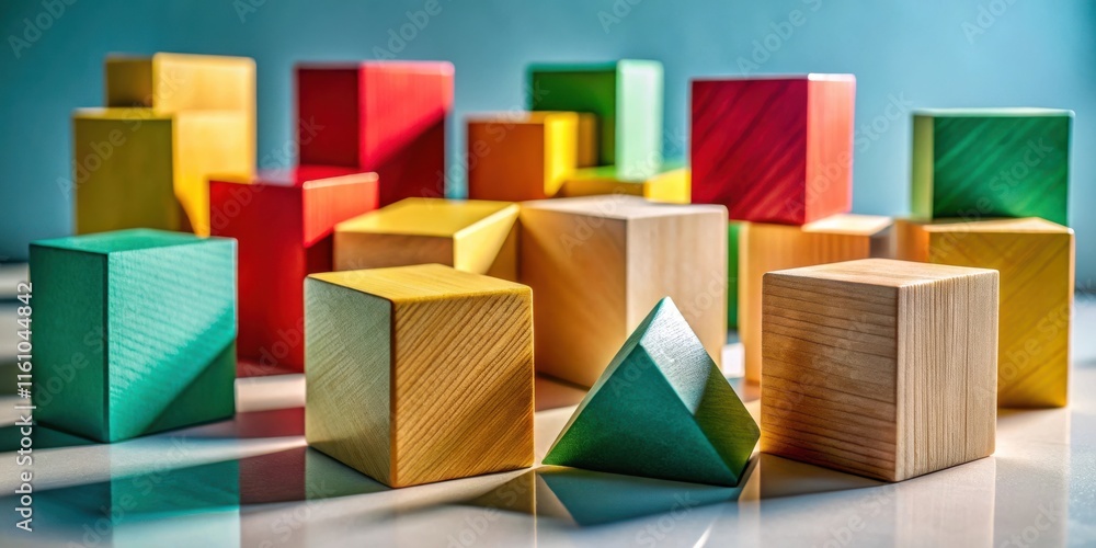 Aufkleber A collection of colorful wooden blocks arranged in a playful composition, showcasing various shapes and sizes, creating a visually appealing and stimulating pattern.