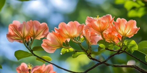 Obraz premium Spathodea campanulata, commonly known as the African tulip tree, showcases vibrant blooms. The African tulip tree exhibits astonishing flowers that enhance any landscape with their beauty.