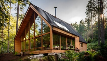 Modern Eco Friendly Cabin in Forest Large Windows Solar Panels Wooden Exterior