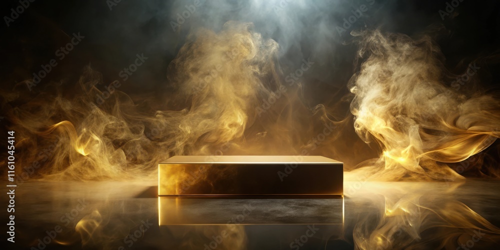 Poster a golden platform stands on a reflective surface, surrounded by swirling, ethereal smoke illuminated