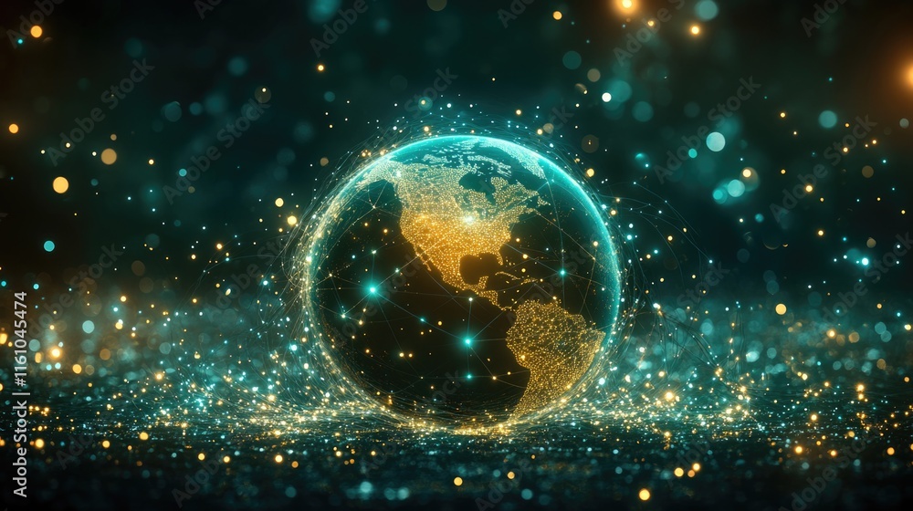 Poster glowing digital earth with network connections in sparkling space environment