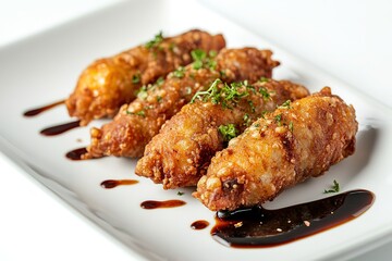 Fototapeta premium Crispy fried rolls served with a dark dipping sauce. A delicious appetizer or snack.