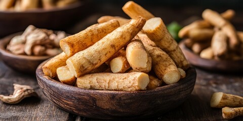 Crispy homemade cassava is showcased against a rustic wooden background, highlighting the delightful texture and flavor of this delicious cassava treat, perfect for any occasion.