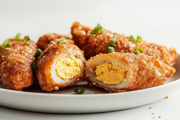Crispy fried egg rolls with a savory egg filling, garnished with green onions. A delicious appetizer or snack!