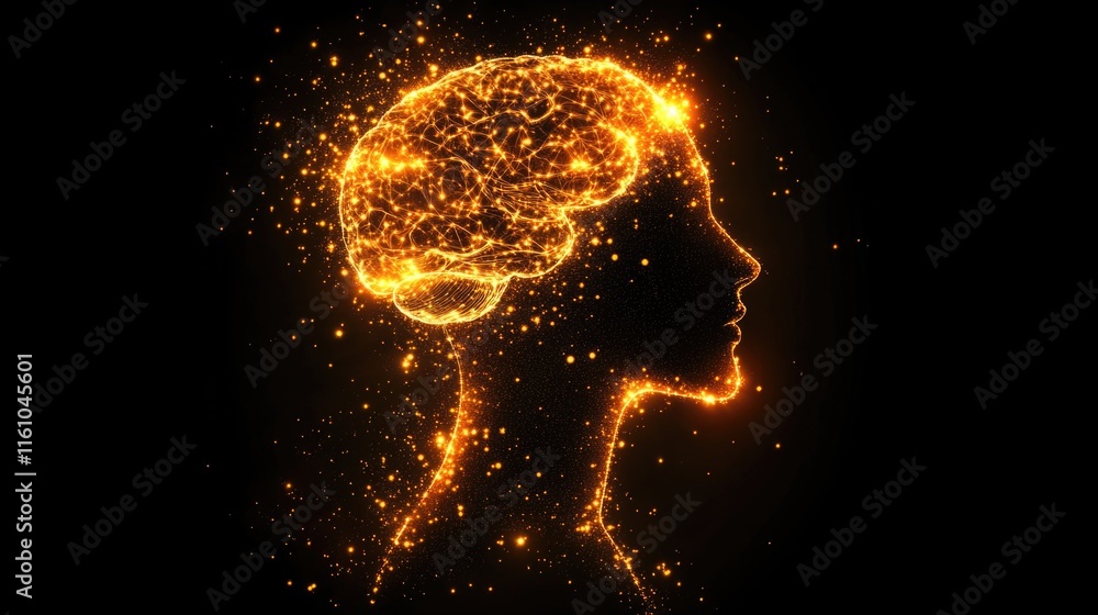 Poster illuminated brain silhouette with glowing neural networks on black background