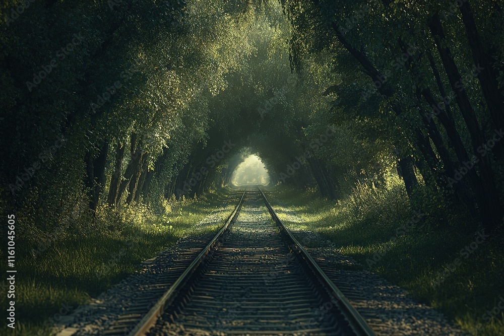 Poster train tracks disappear into a sunlit forest tunnel, creating a mystical and serene atmosphere.