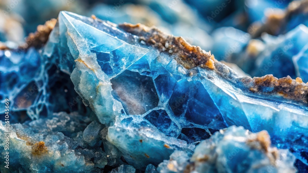 Poster a macro view of a translucent, blue crystal with a web of cracks and a rough, earthy texture.