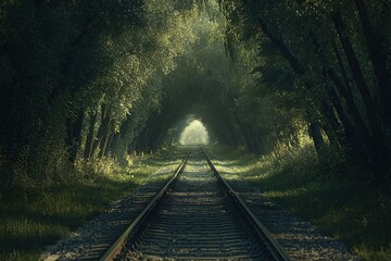 Naklejka premium Train tracks disappear into a sunlit forest tunnel, creating a mystical and serene atmosphere.