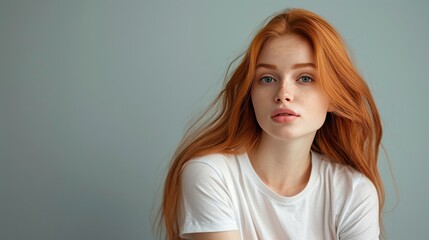 Fototapeta premium Young woman with red hair and a neutral expression, studio portrait, looking at the camera.