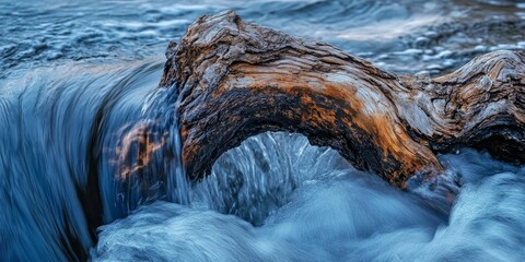A close up view of river driftwood creating a natural water dam, showcasing the intricate details of the driftwood as it forms an organic barrier in the flowing water.