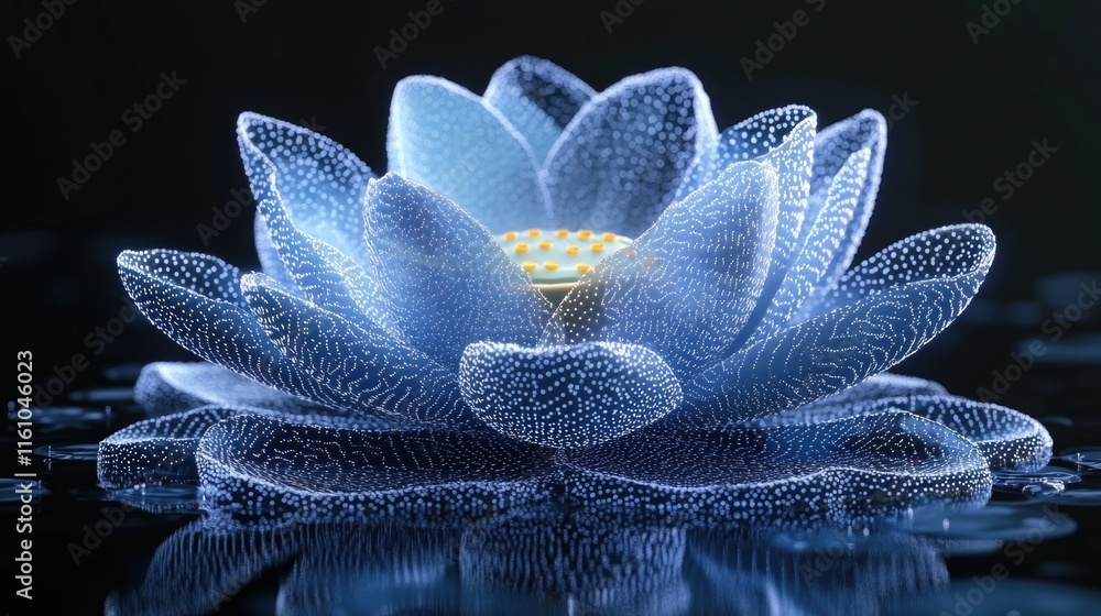 Poster luminous blue lotus with digital dot patterns on reflective surface