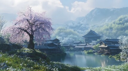 A magnificent and beautiful cherry blossom tree standing alone, with a peaceful and beautiful view...